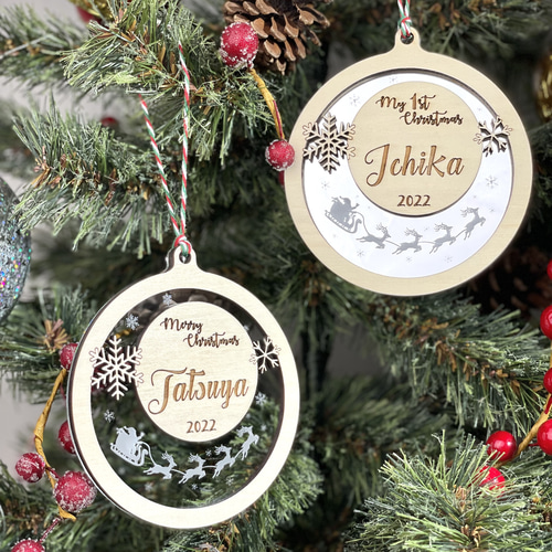 ミラーアクリル×木材 アクリル×木材 名入れ クリスマスオーナメント