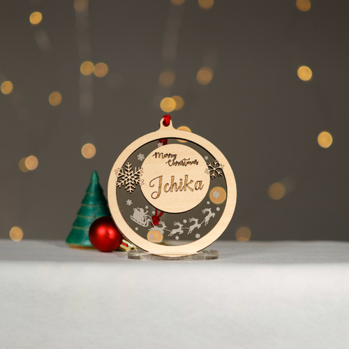 ミラーアクリル×木材 アクリル×木材 名入れ クリスマスオーナメント
