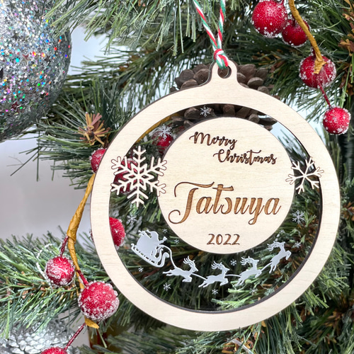 ミラーアクリル×木材 アクリル×木材 名入れ クリスマスオーナメント