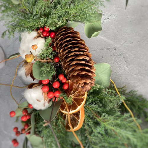 クリスマススワッグ森とオレンジ:ドライフラワースワッグ スワッグ 花