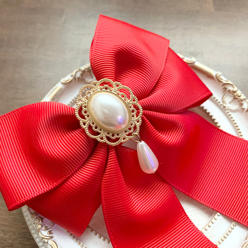 ビッグダブルリボン 赤 レッド パールドロップセンターパーツ