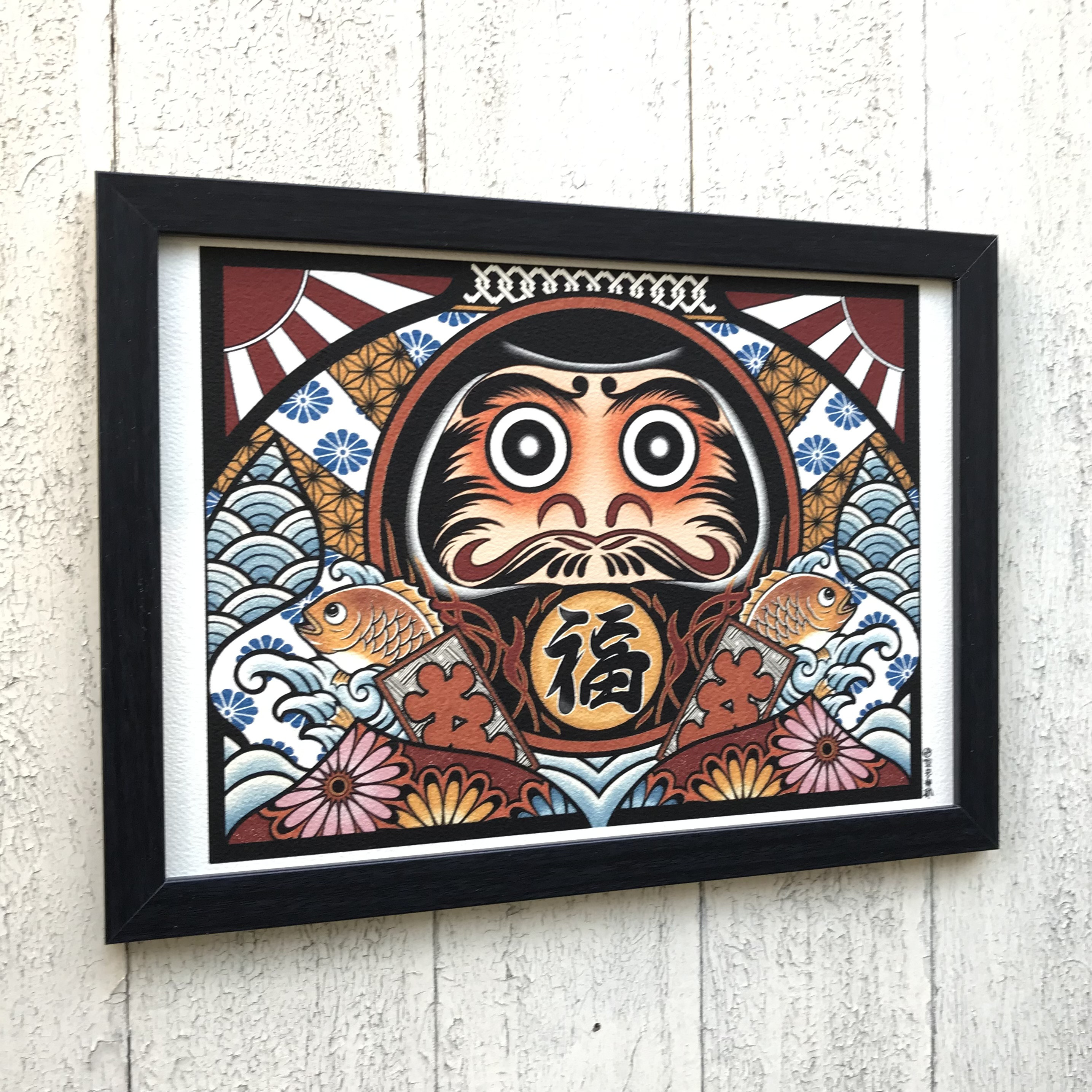 めで鯛（めでたい） 福達磨 黒色 吉祥画 和風イラスト A4 フレーム付き｜尾九