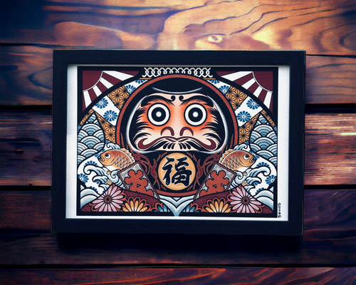手作り　オブジェ　大きな真鯛　マダイ　アート　造形看板　美術品　運気　招福　魚 尾九 開運イラスト めで鯛 福達磨 黄色 A4サイズ フレーム付き