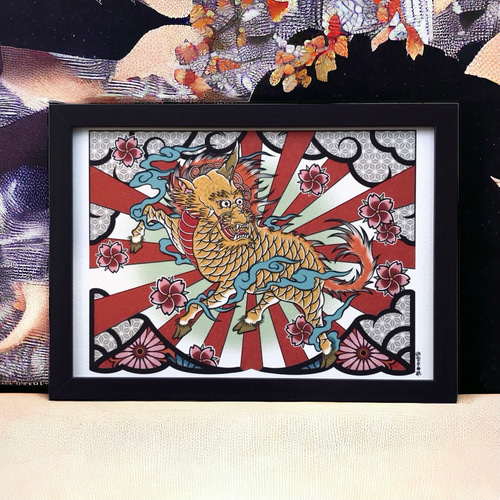 尾九 吉祥画 七福神 福禄寿 A4サイズ フレーム付き イラスト