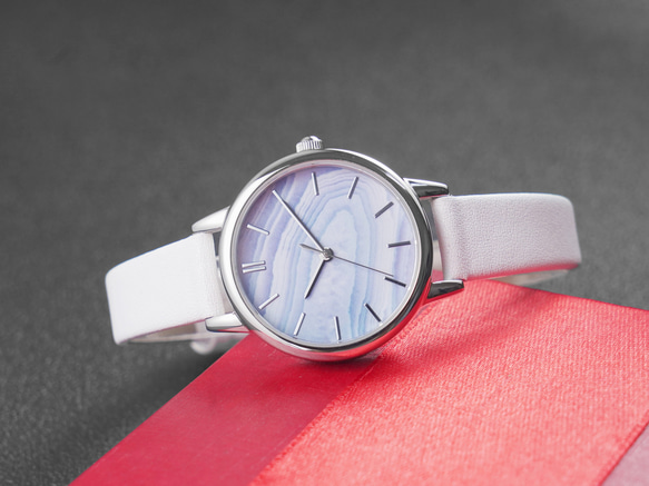 藍色瑪瑙紋路手錶 白色錶帶 女裝手錶 全球免運 第5張的照片