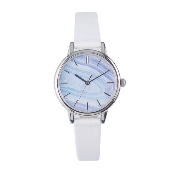 藍色瑪瑙紋路手錶 白色錶帶 女裝手錶 全球免運 第1張的照片