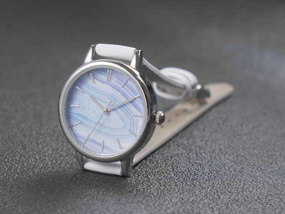 藍色瑪瑙紋路手錶 白色錶帶 女裝手錶 全球免運 第4張的照片