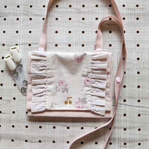 フランス生地のフリル移動ポケット 移動ポシェット 折りマチ付き  