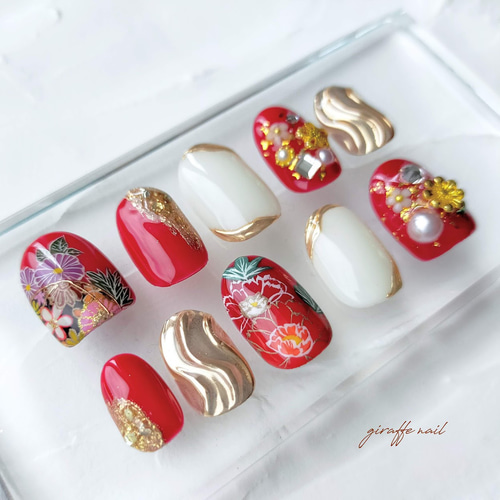 133 ネイルチップ 振袖ネイル 和装ネイル 前撮りネイル 赤ネイル