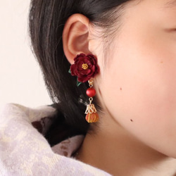 黒椿*赤パールとタッセル革花ピアス/赤レッド/秋冬アクセサリー/2022