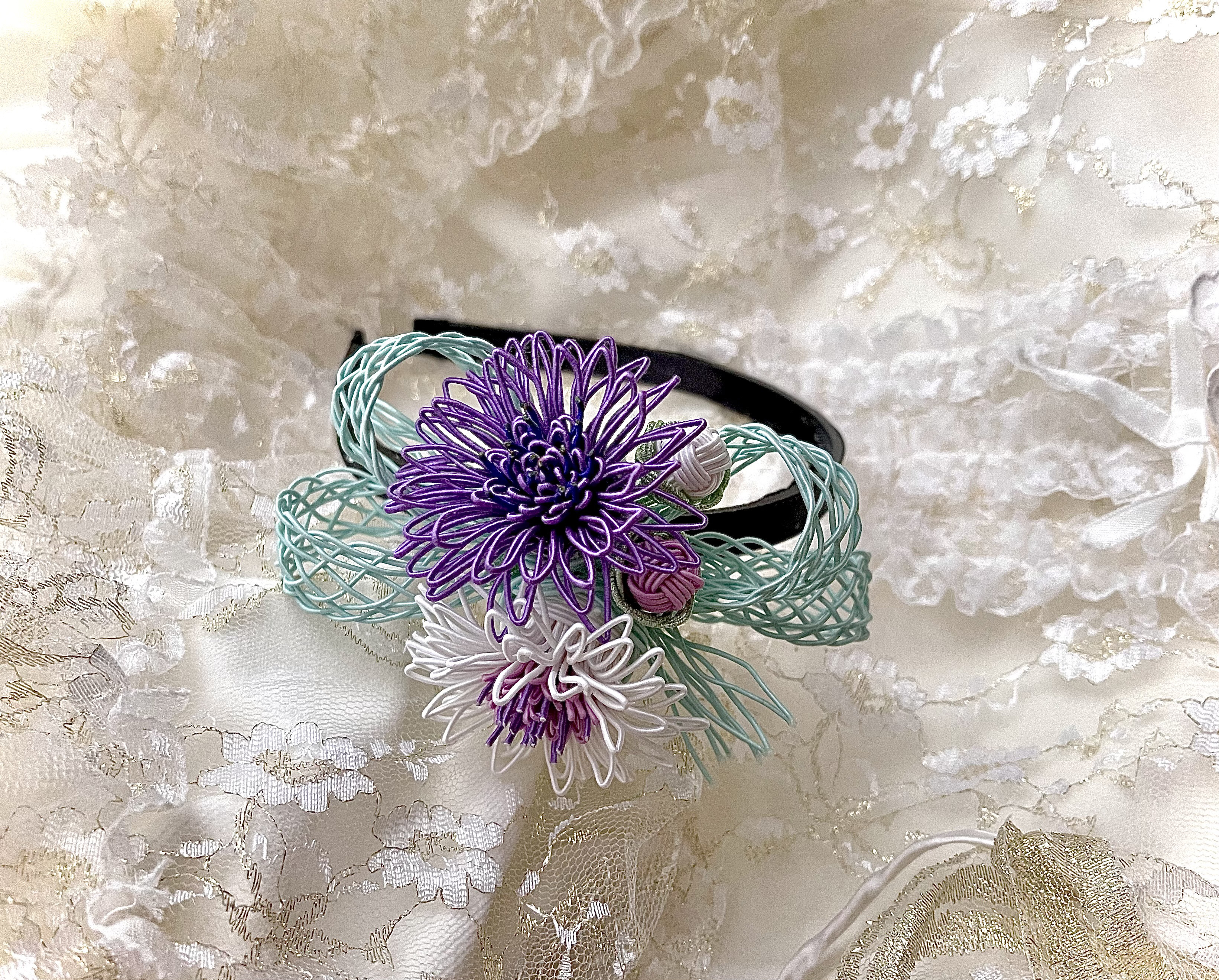 水引のレースリボンと矢車菊のカチューシャ カチューシャ temps