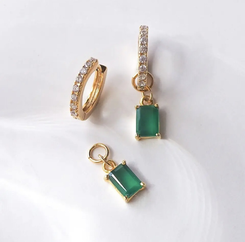 ◼️艶めくグリーンオニキスチャームxフープピアスセット　アレルギー対応