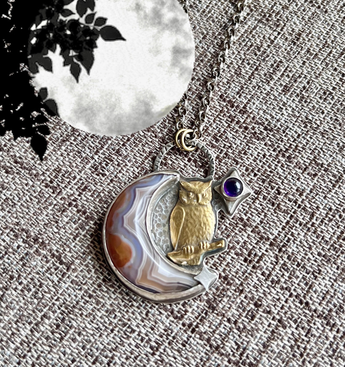 フクロウと月のネックレス　ラグーナアゲート＆アメジスト シルバ−925
