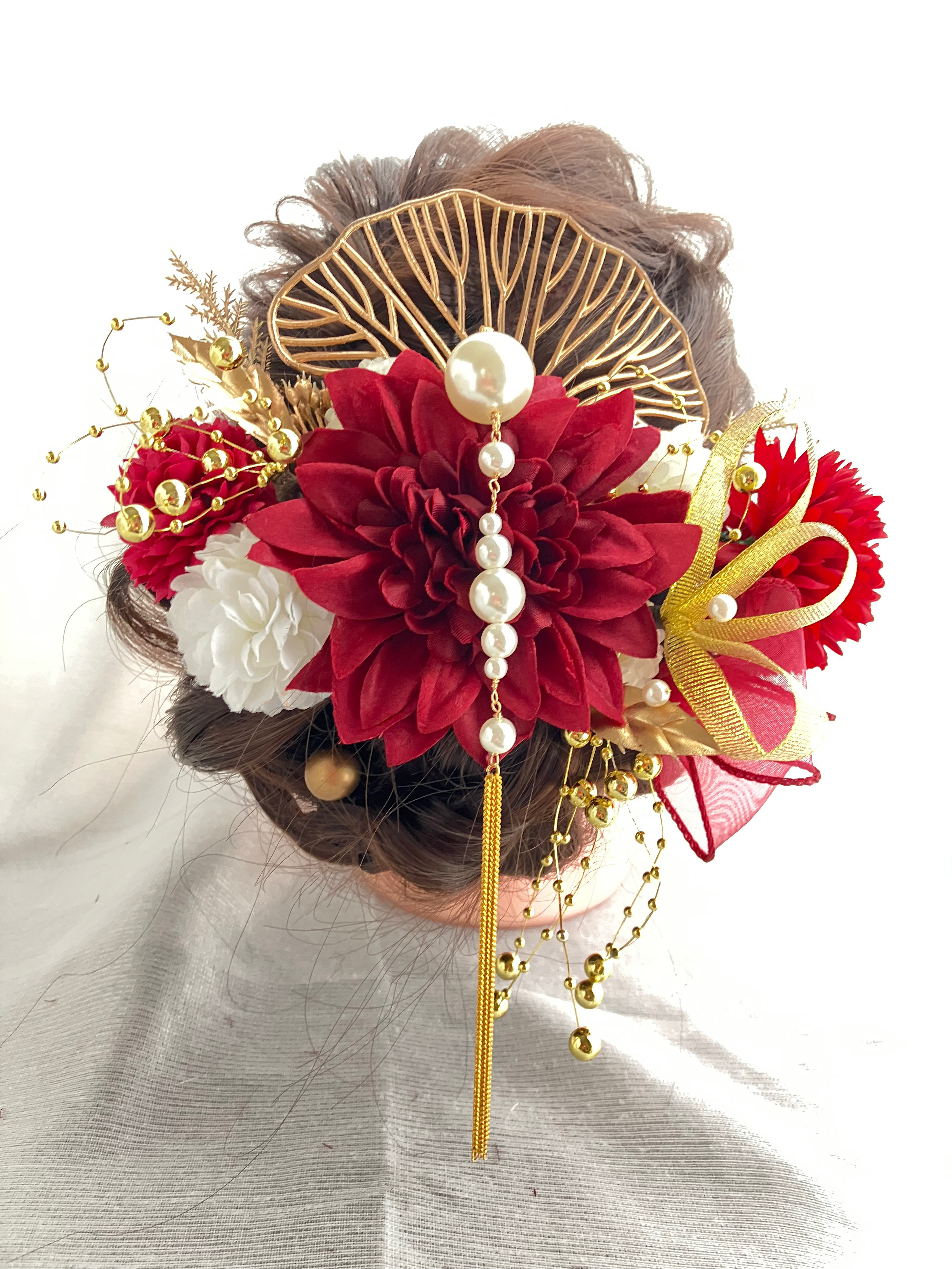 揺れるパール簪★ダークレッドダリア&マム★結婚式髪飾り★成人式髪飾り★卒業式髪飾り★和装髪飾り