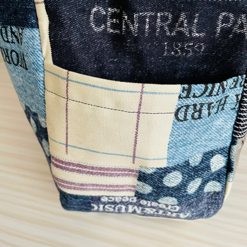 サイドポケット付 リングハンドルバッグ / パッチワークデニム柄