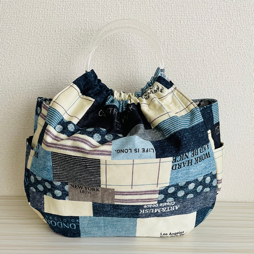 パッチワークデザイン ハンドバッグ サイドポケット付 リングハンドルバッグ / パッチワークデニム柄