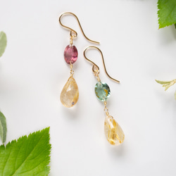 マルチカラートルマリンとルチルクォーツのピアス（14KGF