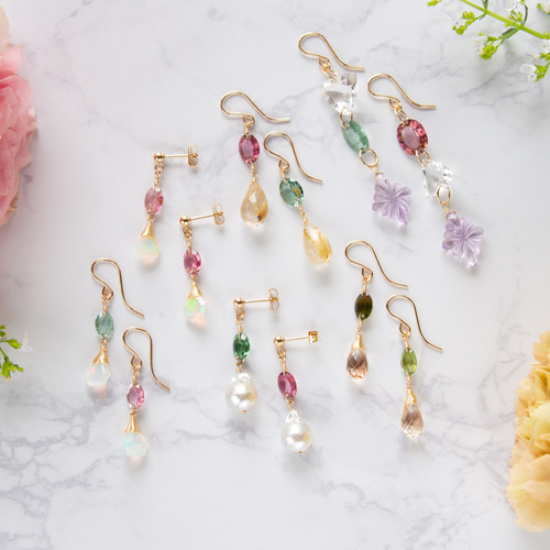 マルチカラートルマリンとルチルクォーツのピアス（14KGF