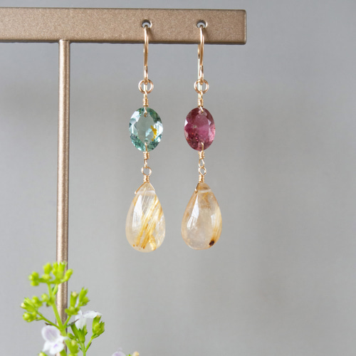 マルチカラートルマリンとルチルクォーツのピアス（14KGF