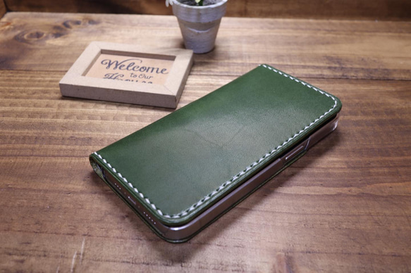 サイドポケット付き　iPhoneケース栃木レザー　グリーン　ネイビー手帳型　本革 サイドポケット付き iPhoneケース栃木レザー グリーン ネイビー