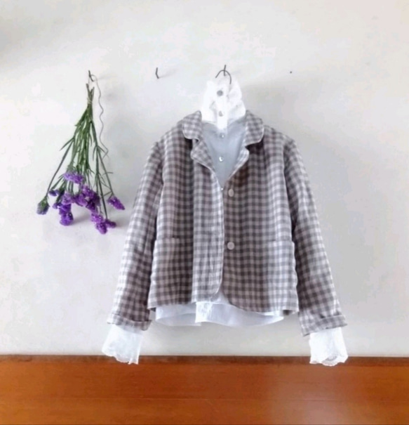 セミオーダー✨wool cotton Linen  ジャケット ベージュ✖グレーチェック 3枚目の画像