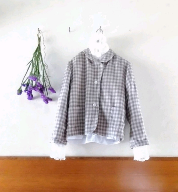 セミオーダー✨wool cotton Linen  ジャケット ベージュ✖グレーチェック 10枚目の画像