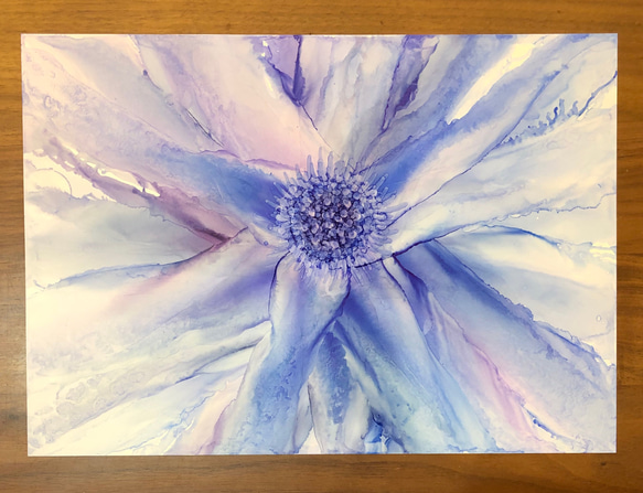 SALE!!アルコールインクアート　flower No.1 原画　A4 blue 3枚目の画像