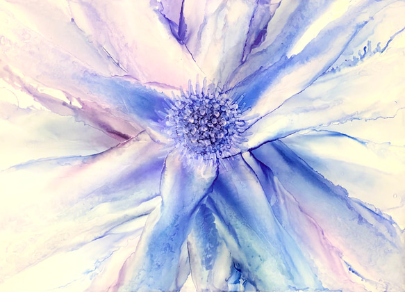 SALE!!アルコールインクアート　flower No.1 原画　A4 blue 2枚目の画像