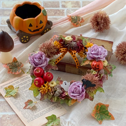 秋リース、ハロウィンリース、リンゴ、栗、紫、かぼちゃ、壁飾り、大人可愛い.、23㎝ 3枚目の画像