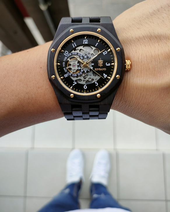 木製腕時計 EINBAND Meteor  オートマチック 木の時計 エボニーウッド 黒檀 自動巻き【46mm】 9枚目の画像