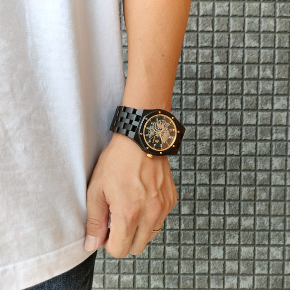 木製腕時計 EINBAND Meteor  オートマチック 木の時計 エボニーウッド 黒檀 自動巻き【46mm】 8枚目の画像