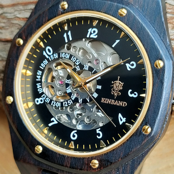 木製腕時計 EINBAND Meteor  オートマチック 木の時計 エボニーウッド 黒檀 自動巻き【46mm】 2枚目の画像