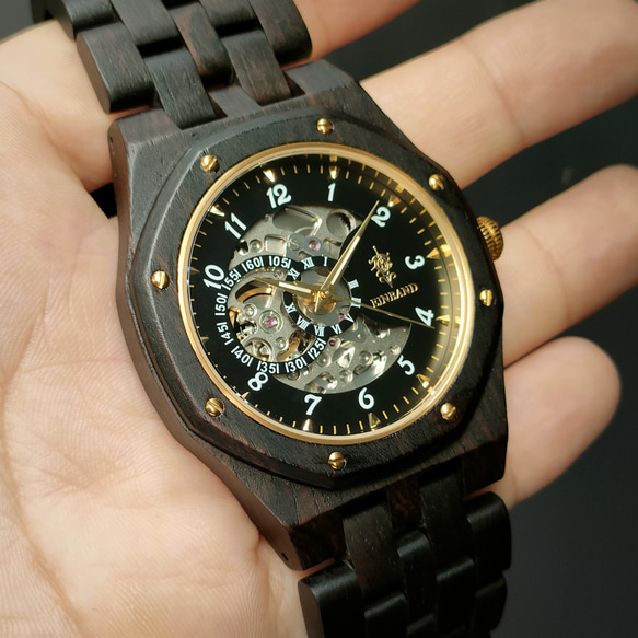 木製腕時計 EINBAND Meteor  オートマチック 木の時計 エボニーウッド 黒檀 自動巻き【46mm】 6枚目の画像