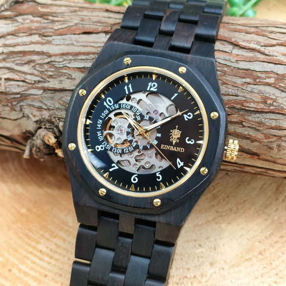 木製腕時計 EINBAND Meteor  オートマチック 木の時計 エボニーウッド 黒檀 自動巻き【46mm】 1枚目の画像
