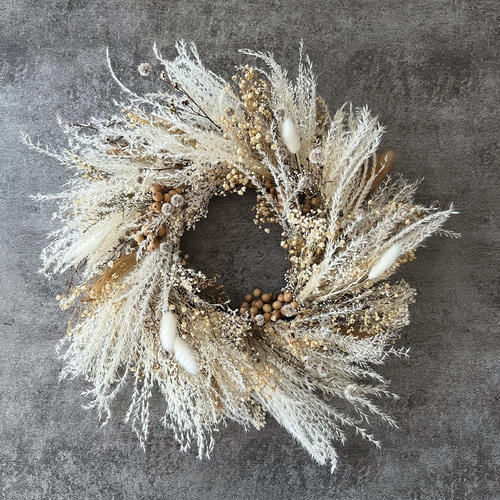 47cm ホワイトススキのウィンターリース ドライフラワー
