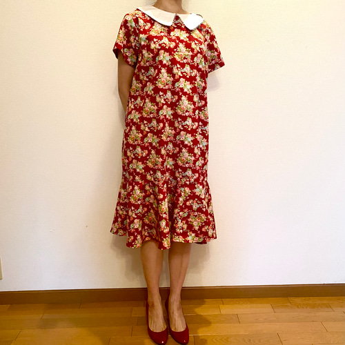 ☆レッド☆花柄☆襟付きレトロワンピース ワンピース K's 通販 ☆レッド☆花柄☆襟付きレトロワンピース ワンピース K's 通販