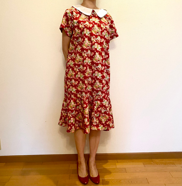 ☆レッド☆花柄☆襟付きレトロワンピース ワンピース K's キレイ