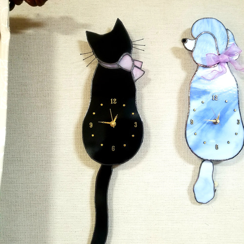 商売繁盛モチーフ ステンドグラス 黒猫のしっぽ振り時計