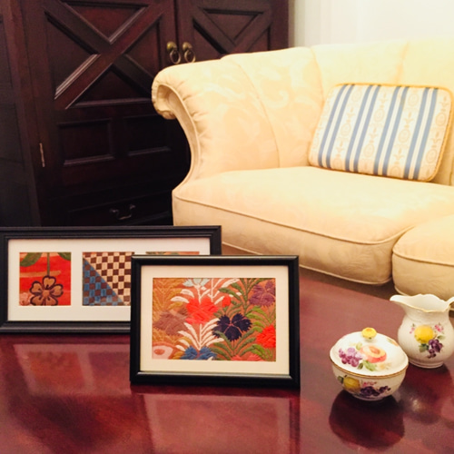 西陣織1点物 壁掛け・置き型アートフレーム】和柄布地3種、花柄