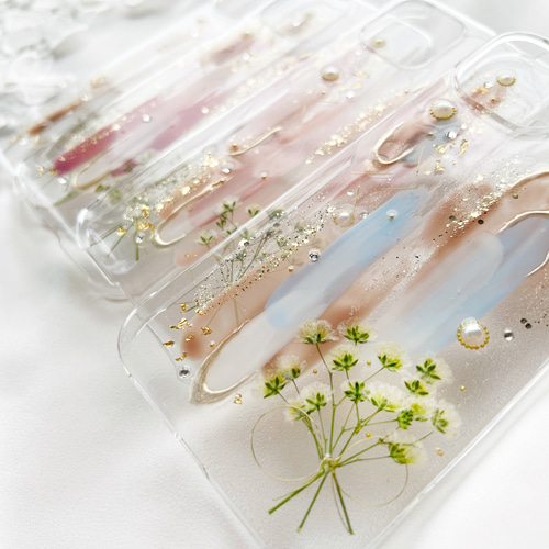 ニュアンス ミストブルー かすみ草ブーケ 押し花スマホケース iPhone