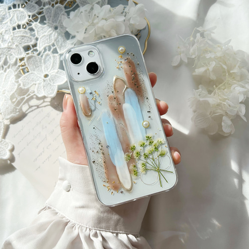 ニュアンス ミストブルー かすみ草ブーケ 押し花スマホケース iPhone