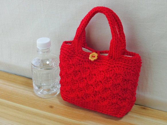 手編みミニミニトートバッグ 　赤　松編み 2枚目の画像