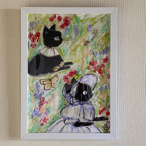 絵画 。壁掛け絵原画【ヨーロッパ風、美しい庭の黒猫さんと友達