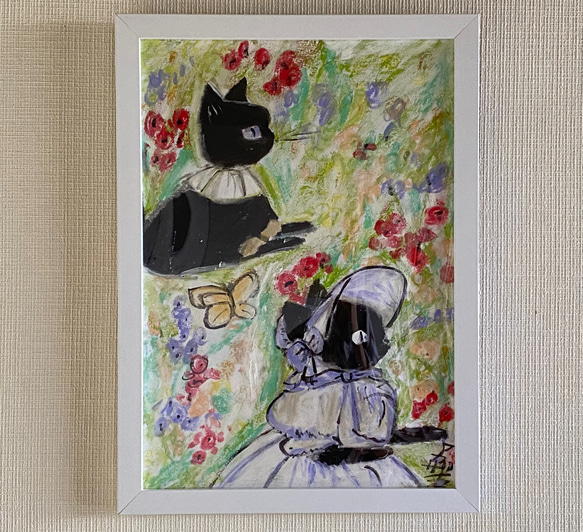 絵画 。壁掛け絵原画【ヨーロッパ風、美しい庭の黒猫さんと友達