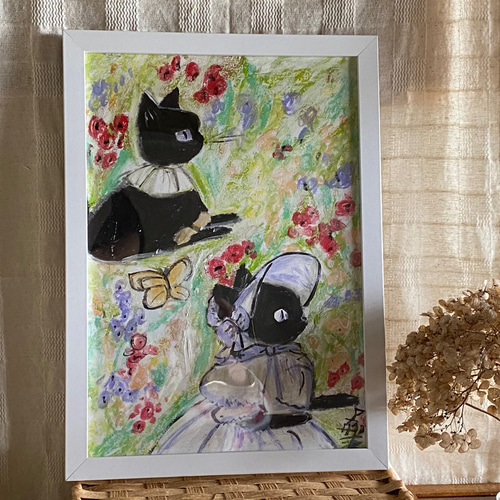 絵画 。壁掛け絵原画【ヨーロッパ風、美しい庭の黒猫さんと友達