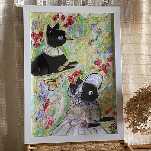 絵画 壁掛け絵【バラの庭で絵を描いている少女と遊んで
