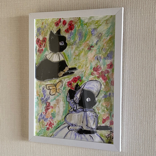 原画#3920 ヨーロッパ　カフェ　黒猫　水彩画　ドローイング　アート　イラスト 黒猫 油絵 猫 原画 ネコ 絵画 ねこ アート oilpainting