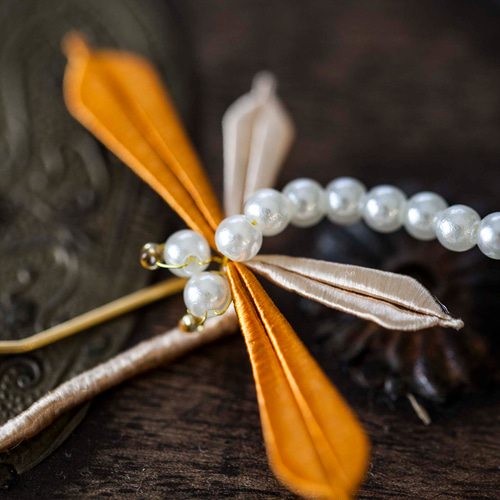 シルク糸巻かんざし簪☆トンボ オレンジ☆和装成人式卒業式