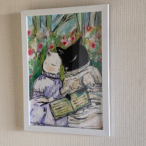 絵画。原画手描き【かわいい猫ちゃんたちの花、ワイン