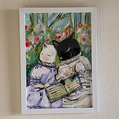 絵画 。壁掛け絵原画【ヨーロッパ風、庭でデートして一緒に本を